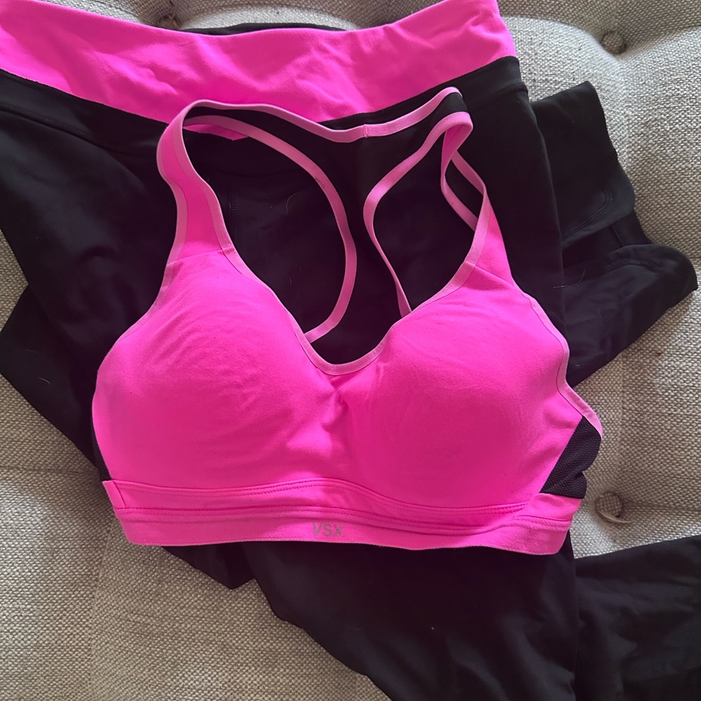 VSX Pink and Black Sports Bra Molded Cup Moisture-Wicking and matching Leggings